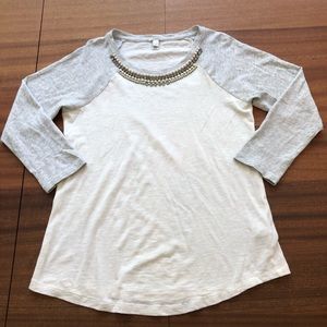 J Crew Beaded Neckline Baseball Tee Gray and White